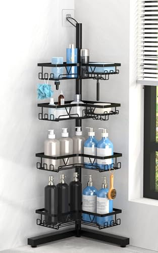KEGII Floor Shower Caddy Standing – 4-Tier Corner Shower Organizer with Hooks & Soap Holder, Free-Standing Bathroom Storage Rack for Shampoo & Toiletries, Black - style: Floor Caddy - Black