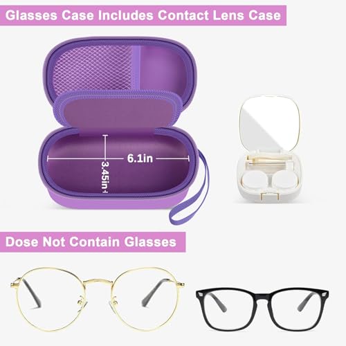 Portable 2 in 1 Contact Lens Case and Glasses Case, Traveling Contact Cases Bag Box Holder with Soak Storage Kit Included Built-in Mirror, Tweezer, Contact Lens Solution Bottle and Hand Strap-Purple - color: Purple