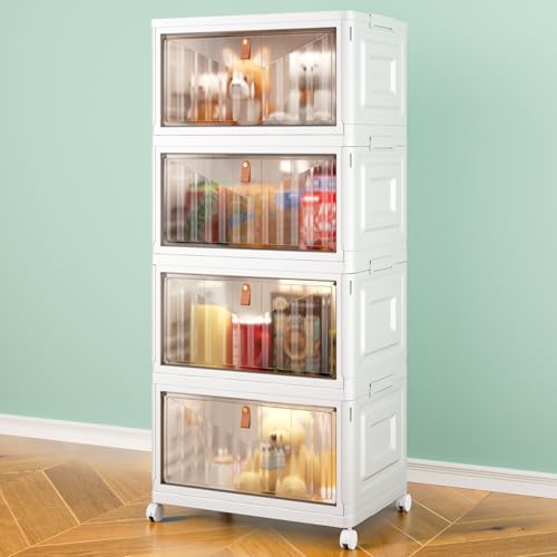 4 Tier Storage Bins with Lids, 23QT Stackable Closet Organizers and Storage with Wheels, Collapsible Storage Boxes, Foldable Plastic Storage Containers for Home,Office, Dorm Room-White - color: White