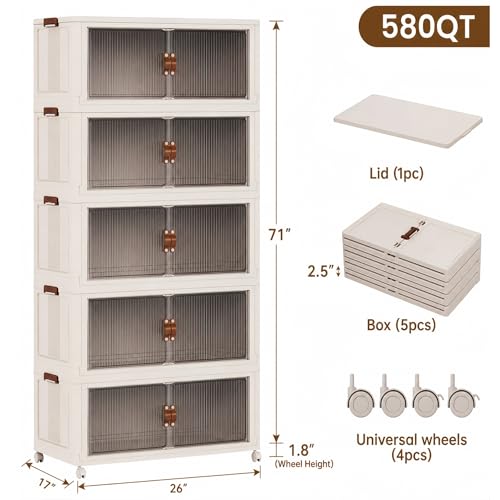 SAILUN 145Gal/580Qt Stackable Storage Bins Folding Collapsible Storage Bins with a Lid, Closet Organizers and Storage,Blush White 26" W x 17" D x 71" H - color: Blush White, size: 1 Lid 5 Pack-26" W x 17" D x 71" H