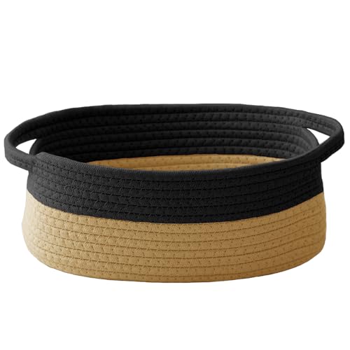 JMvicyroam Woven Basket,Small Rope Storage Bin with Handles & Ribbon Bag, Organizer for Shelves Closets,Gift Basket Empty for Birthday,Books,Dog Toys, Black&Jute - color: Black&Jute, size: 1 Pack