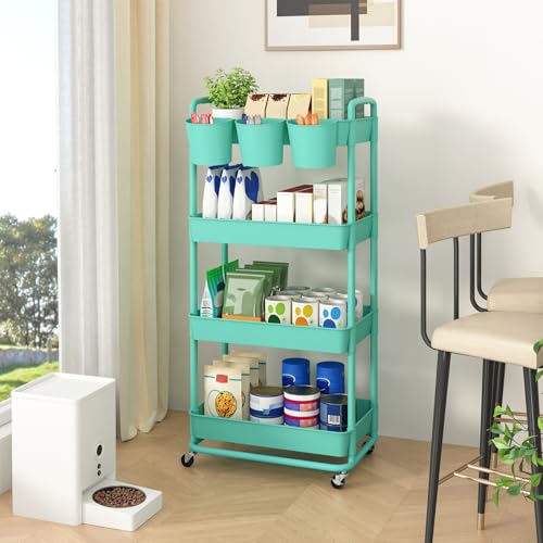 JIUYOTREE 4-Tier Plastic Rolling Storage Cart Utility Cart with Extra Hanging Cups Handles Lockable Wheels for Living Room Bathroom Kitchen Office Green - color: Green, size: 4-Tier