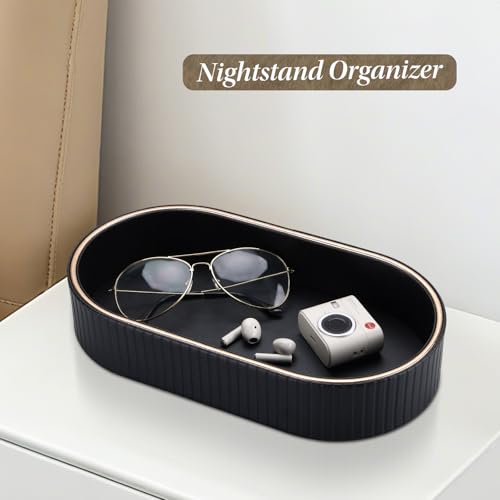 GORESE PU Leather Valet Tray Nightstand Organizer, Oval Perfume Trays Key Bowl Jewelry Dish for Bedside Dresser Entryway Table, Vanity Tray for Bathroom, EDC Trays for Men Women, 11×5.9 in, Black - color: Black