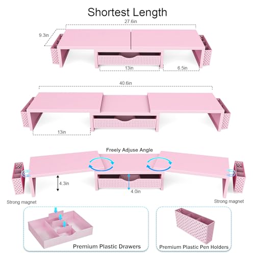 gianotter Dual Monitor Stand Riser, Desk Organizer With Drawer and 2 Pen Holders,Desk Organizers and Accessories, Pink Office Supplies (Pink) - color: Pink