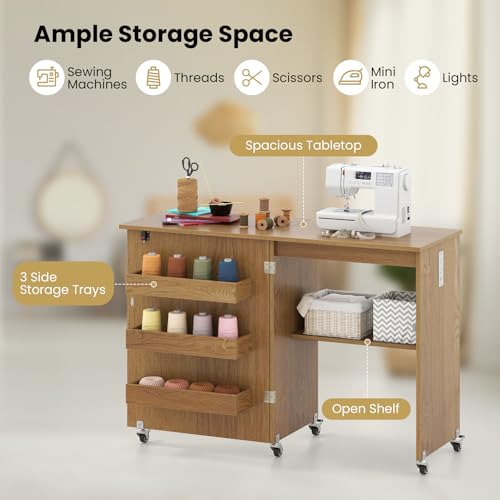 Giantex Folding Sewing Table with Charging Station, Rolling Craft Table with Storage Trays & Shelf, Foldable Sewing Machine Cabinet Desk with Lockable Wheels for Small Spaces (Natural) - color: Natural