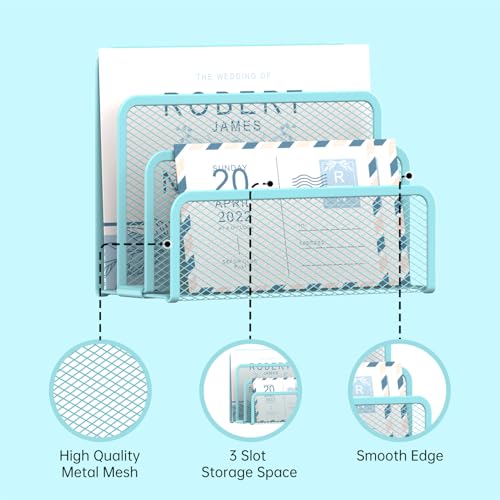 SUPEASY Mail Organizer for Desk, Mesh Metal Mail Holder Countertop with 3-Slot, Letter Sorter File Holder, Office Envelope Organizer for Mails (Blue) - color: Blue