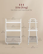 VASAGLE LILEA Collection - Storage Cart with Fabric Basket, 3-Tier Rolling Utility Cart with Wheels and Shelves, for Living Room Bedroom Kitchen, Cloud White and Camel Brown ULRC001WB01 - color: Cloud White + Camel Brown, style: 16.9"D x 11.8"W x 31.9"H