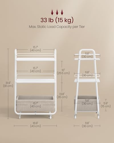 VASAGLE LILEA Collection - Storage Cart with Fabric Basket, 3-Tier Rolling Utility Cart with Wheels and Shelves, for Living Room Bedroom Kitchen, Cloud White and Camel Brown ULRC001WB01 - color: Cloud White + Camel Brown, style: 16.9"D x 11.8"W x 31.9"H