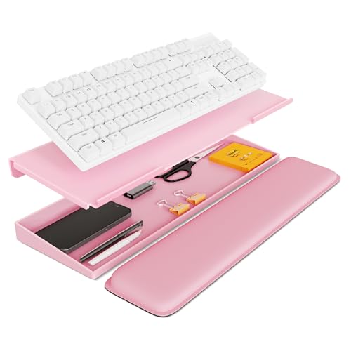 Laborio Computer Keyboard Stand with Storage Box, Keyboard Riser Wrist Rest for Desktop, Office Desk Organizer Accessories(Pink) - color: Pink