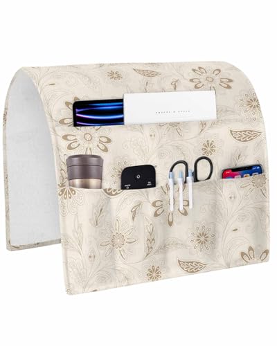 Sofa Armrest Organizer Bedside Caddy, Vintage Brown Floral Non Slip Couch Remote Control Holder for Recliner, Rustic Abstract Flower Burlap Arm Chair Caddy with Pocket for Magazine Phone, 19.7"x35" - color: Khaki, size: 19.7x35 in