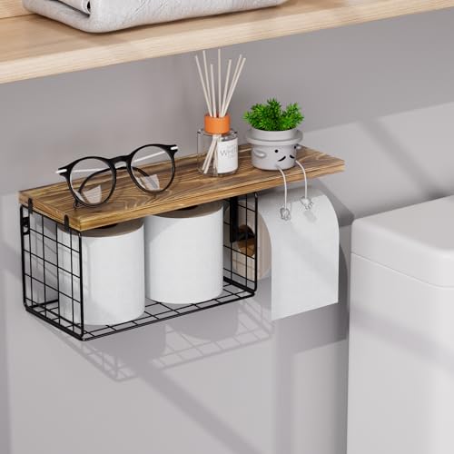 VITVITI Toilet Paper Holder with Shelf, Wall Mounted Toilet Paper Storage Basket, Wood Metal Toilet Roll and Wipes Holder for Bathroom Farmhouse (Brown) - color: Brown