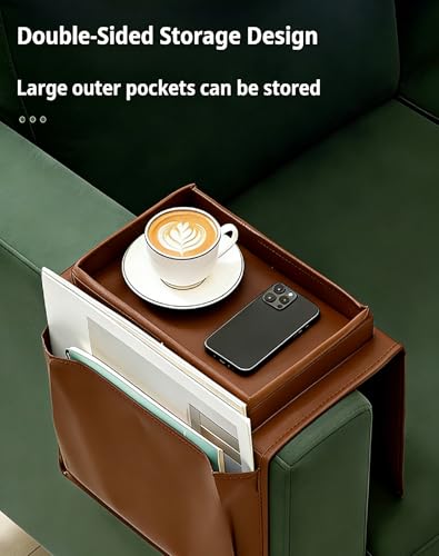 Sofa Armrest Organizer with Spill-Resistant Drink Tray, Multi-Pocket Non-Slip Couch Arm Caddy for Remote Control, Phones, Snacks, Universal Fit for Sofa, Recliner & Armchair - color: coffee