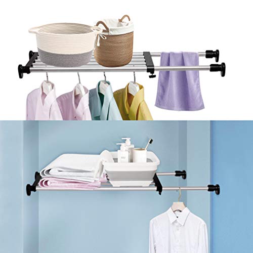 BAOYOUNI Expandable Shelf Closet Tension Rod Adjustable Shelving Unit Storage Rack Organizer Hanger Space Saving Divider for Wardrobe, Cupboard, Kitchen, Bathroom Use, Black - color: Black, 1pc (2-bar Telescopic), size: Recommended Use Length: (19.69-31.5