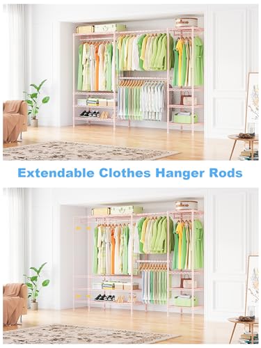 Ulif E11 Heavy-Duty Garment Rack, Metal Freestanding Clothes Rack and Closet Storage Organizer System with 8 Shelves and 4 Hanger Rods, (73.2-97.6)" W x 14.5" D x 71.2" H, Load 1034 LBS, Pink - color: Pink