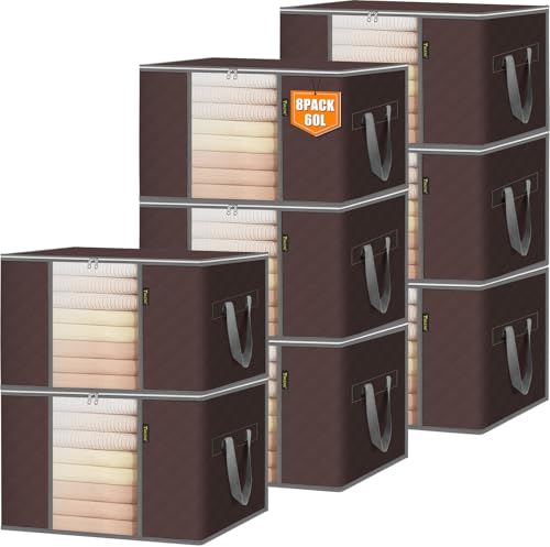 BALEINE 8 Pack Clothes Storage Bags, 16 Gallon Storage Containers with Reinforced Handle, Sturdy Zipper, Closet Organizer for Blanket, Comforter, Pillow, Bedding (Brown, 8 Pack) - color: Brown, size: 8 Pack-16 Gallon