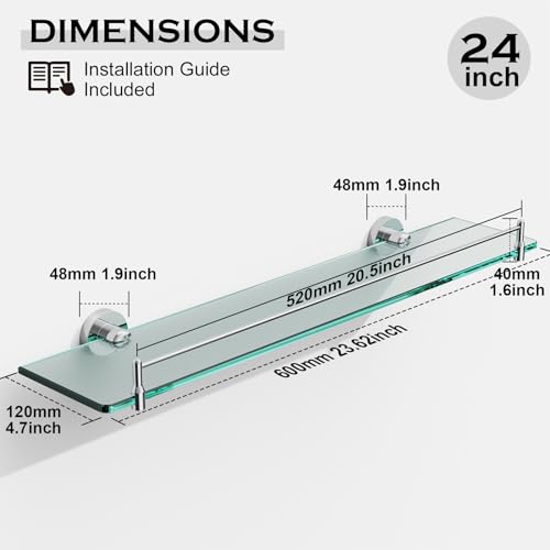 24 Inch Glass Bathroom Shelves,Chrome Polished Floating Shelves for Wall Rectangular Modern Stainless Steel Glass Shelf for Bathroom Shelves Wall Mounted - color: Chrome Polished, size: 24"with railing