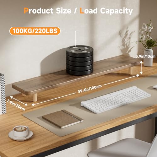 Dual Monitor Stand Riser, 39 Inch Extra Long Wooden Desktop Monitor Riser with Storage for 2 Monitors Ultra Strong Desk Shelf Organizer Riser Ergonomic for 2 Screens/Laptop/PC/TV/Printer (Light Walnut, 39inches) - color: Light Walnut