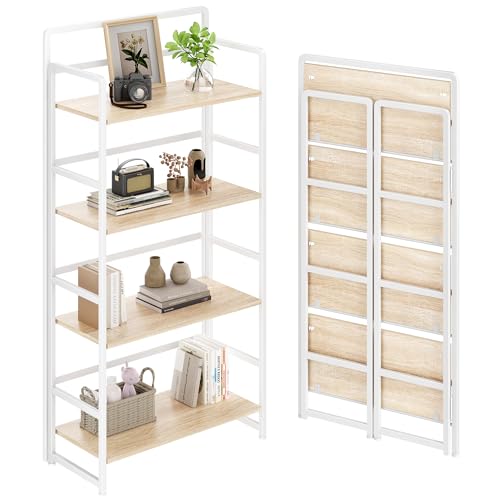 No Assembly Folding Bookshelf, 4 Tiers Collapsible Book Shelf for Home Office, Vintage Wood Foldable Bookcase Storage Organizer for Living Room Bedroom (Beige) - color: Beige, size: 4-tier