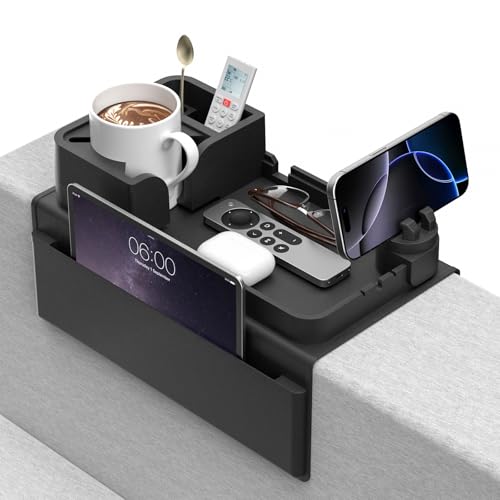 Couch Arm Cup Holder CLESOO Couch Arm Tray Anti-Slip Couch Cup Holder Silicone Sofa Armrest Tray Dual Side Pocket Couch Drink Holder Sofa Caddy Arm Remote Holder Snack Caddy with Phone Holder Black - color: Black