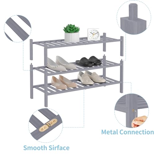 RONGJlA 2 Tier Bamboo Shoe Rack for Closet Free Standing Wood Shoe Shelf Storage Organizer for Entryway Small Space Stackable, Grey - color: Grey, size: 3-Tier-Regular