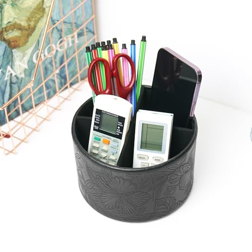 Hennaja Round Leather Art Supply Organizer,Remote Control Holder,360 Degree Spinning,Multi-Functional Pencil Holder,4 Compartments Desktop Stationary Organizer(1-Carved Black) - color: 1-Carved Black