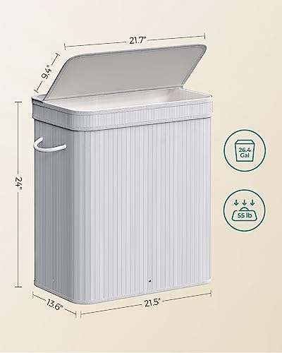 SONGMICS Laundry Hamper with Lid, Bamboo Laundry Basket, Removable Machine Washable Laundry Basket, with Handles, 26.4-Gallons, for Laundry Room, Bedroom, Bathroom, Dove Gray ULCB063G01 - color: Dove Gray, size: 100 L