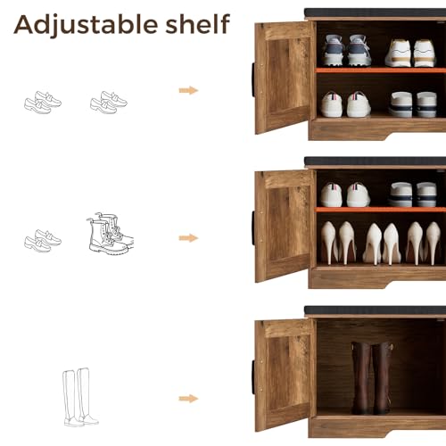 HOMSHO 2-Tier Storage Bench, 47.2" Wide Shoe Bench with Padded Seat Cushion, Entryway Bench with 4 Barn Doors and Adjustable Shelf, Rustic Walnut - color: Rustic Walnut, size: 47.2" Wide
