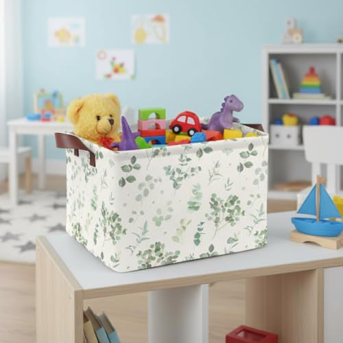Sage Green Storage Basket Waterproof Canvas Toy Storage Bin Home Decor Collapsible Outdoor Basket with Leather Handles Sage Green Blanket Baskets For Closets,Bedrooms,Gifts Baskets - color: Sage Green