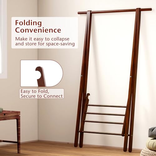 Tangkula Folding Rubber Wood Clothes Hanging Rack, Standing Garment Rack with Bottom Storage Shelf, Portable Clothing Organizer for Bedroom and Entryway (Walnut)