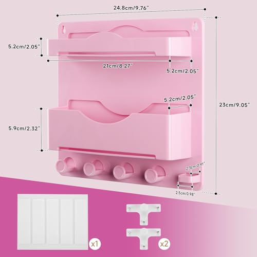 Pink Bedside Shelf Organizer - Wall Mount Phone Holder with Glasses Hook & 50 Motivational Stickers for Girls Bedroom Dorm Decor - color: Pink