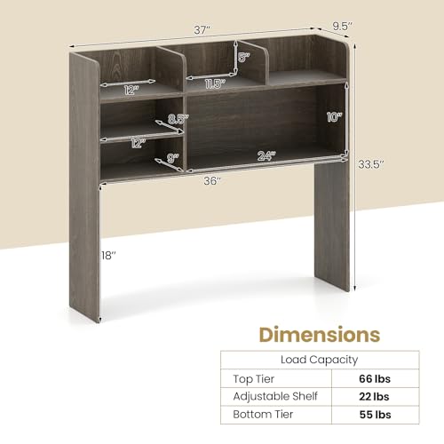 Tangkula Desktop Bookshelf for Computer Up to 32”, 37” Countertop Storage Hutch with 6 Storage Shelves, 3-Tier Desktop Organizer Display Rack, Wooden Desk Hutch for Dorm Home Office (Grey,6 Shelves) - color: Grey, size: 6 Shelves