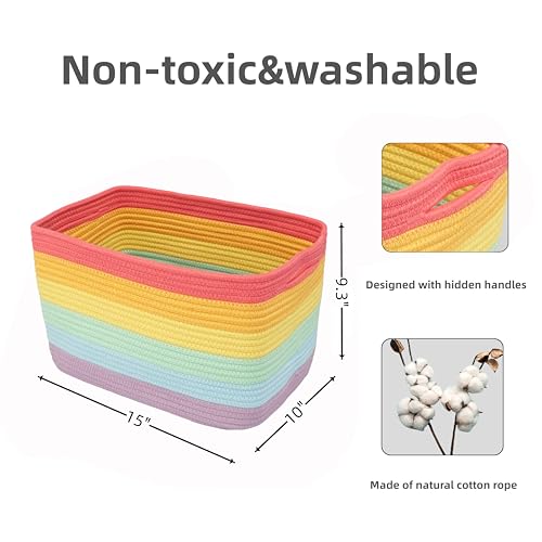 XUANGUO 3-Pack Rainbow Storage Baskets 15X10X9.3“ – Woven Toy Organizer Bins for Kids, Baby Room, Nursery, and Classroom – Cute Square Rope Baskets for Shelves and Organization Rainbow - color: Rainbow red