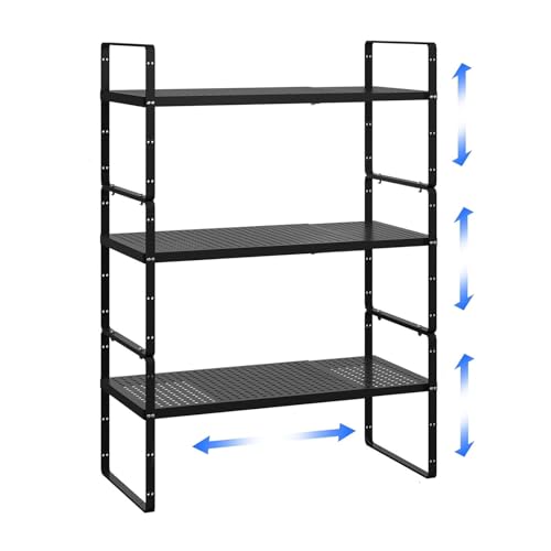 Expandable Cabinet Shelf Organizer Adjustable Metal Spice Rack Stackable Freestanding Counter Storage Shelves for Kitchen Cabinet Under Sink Office Desk (Black - 3Pack - L16.5-27'' * W8'' * H9.6'') - color: Black - 3pack - L16.5-27'' * W8'' * H9.6''