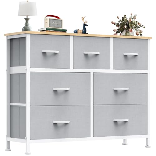 OLIXIS 7 Drawers Dresser for Bedroom, Fabric Storage Tower for Living Room, Entryway - Sturdy Steel Frame, Wooden Top and Easy Pull Fabric Bins, Closet Chests Organizer for Clothes,Light Gray - color: Light Gray, size: 11.8"D x 39.4"W x 30"H (7 Drawers)