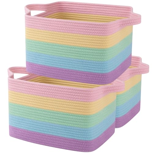 OIAHOMY Storage Basket, Woven Baskets for Storage, Cotton Rope Basket for toys,Towel Baskets for Bathroom - Pack of 3, Rainbow Pastel - color: Rainbow Pastel, size: 3 pcs-13”x9.9”x8.7”