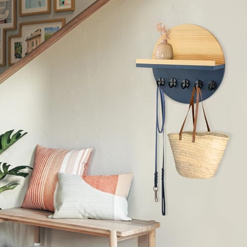 Gurfuy Blue Key Holder for Wall with Shelf - Wood Mail Organizer and Rack with Shelf Hooks Wall Mounted for Entryway Decor Magazines Letter Storage Farmhouse Living Room Bedroom Doorway - color: Blue