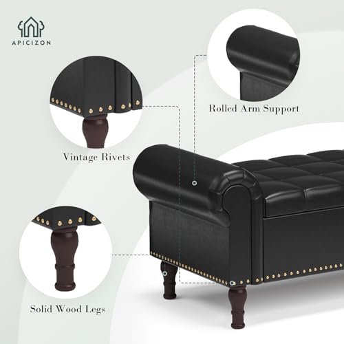 Apicizon 51” Bench with Storage, Queen Size Faux Leather End of Bed Bench with Tufted Button, Ottoman Bench with Rolled Arms & Vintage Rivets for Foot of Bed, Living Room, Entrance, Black - color: Black, size: 51 Inches