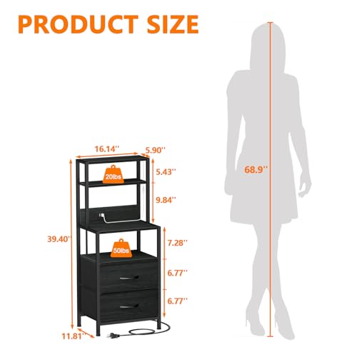 Furnulem Night Stand, Tall Nightstand with 4-Tier Shelves, 2 Fabric Drawers and Led Lights, Bed Side Tables with Charging Station, Bedside Table for Bedroom, Office, Black Oak | 4-Tier Shelves, 2 Fabric Drawers, Light Tube, Bed Side Tables, Charging Stati