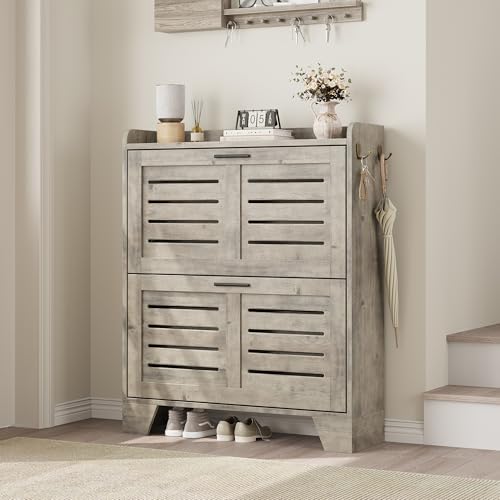 Garvee Shoe Storage Cabinet with 2 Flip Drawers, Freestanding Shoe Organizer Storage for Entryway with 2 Side Hooks, Farmhouse Hidden Slim Narrow Shoe Rack Cabinet, Gray - color: Grey, size: 2-Drawers