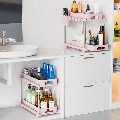 VERIFOST Under Sink Organizer, 2 Pack Kitchen and Bathroom Cabinet Organizer, 2 Tier Adjustable Height Storage, Pink - color: Pink