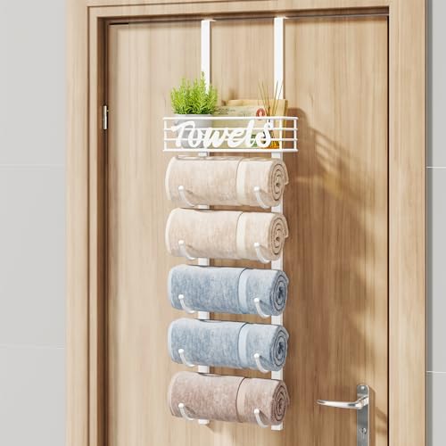 HapiRm Towel Racks for Bathroom Storage - 6 Tier Over The Door & Wall Mount Rolled Towel Storage Organizer Holder with Metal Shelf Basket for Small Bathroom, Camper, Rv - White, Patented - color: White, size: 6-Tier