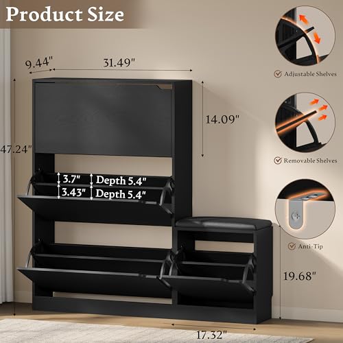 BORNOON Shoe Cabinet with Bench and 3 Flip Drawers, Slim Narrow Shoe Storage Cabinet, Freestanding Shoe Rack Organizer with Adjustable & Removable Shelves, Anti-Tip for Entryway, Hallway, Foyer - color: Black, size: 3-Drawer - Bench