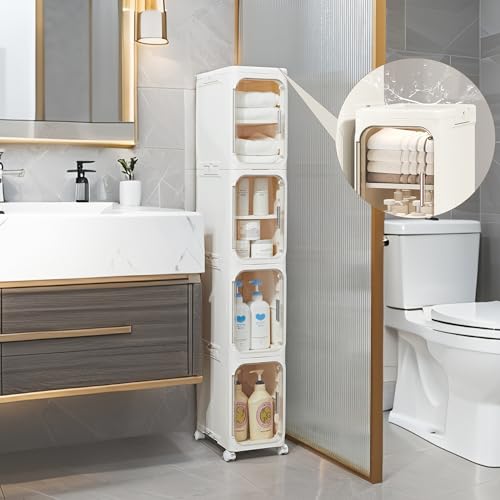 LXLXXL 5-Tier Narrow Storage Cabinet Slim Bathroom Storage Cabinet with Movable Wheels Tall Bathroom Organizer Skinny Cabinet for Small Spaces，Beige - color: Beige, size: 5-Tier