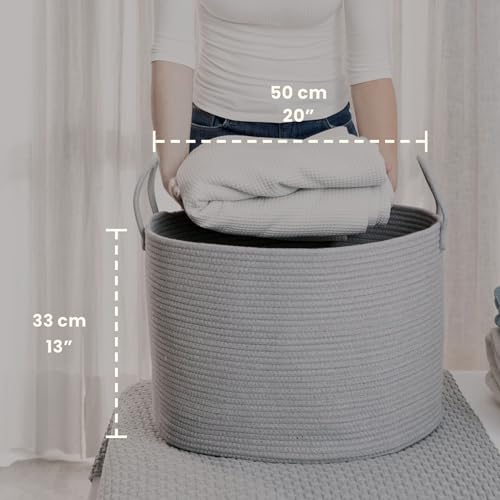 OrganiHaus Large Woven Storage Basket for Blankets and Toys 20" x 13" Inch, Rope Laundry Basket with Handles, Cushions & Pillows Storage Bin, Nursery Hamper, Soft Round Dog Toy Bin - Gray - color: Full Gray, size: Wide