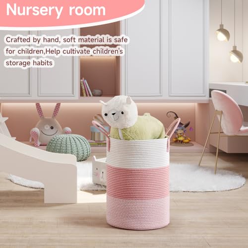 CLHMILY&Z 40L Laundry Basket Round Storage Rope Basket - 13x18 Inches - Pink Hamper in Bedreoom and Cute Storage Bin for Blankets, Toys, and Nursery Essentials - color: Pink & White, size: 40L