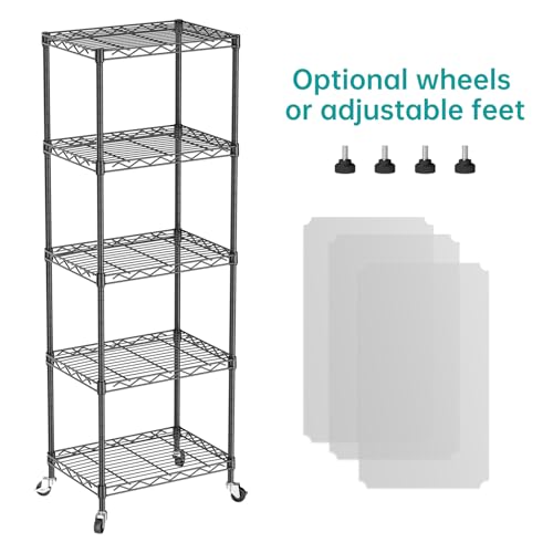 SINGAYE Shelf Closet Wire Shelving：Adjustable Metal Unit for Laundry Room Organization Bathroom Kitchen Home Storage with Wheels Small Pantry Rack Shelves - color: Black, size: 5Tier-11.45"Dx17.5"Wx57"H