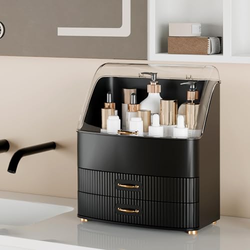 Makeup Organizer Countertop Vanity with Transparent Lid Drawers Waterproof Dustproof Cosmetic Skincare Bathroom Storage Gift for Women Teens Girls (Black) - color: Black