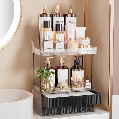 Delamu Bathroom Organizers and Storage, 2 Tier 2 Drawer Makeup Organizer Countertop, Easy to Install, Ideal for Bathroom Counter, Vanity, Large Skincare, Perfume, Present, Desk and More, Black - color: Black, size: 2Drawers 1 Pack