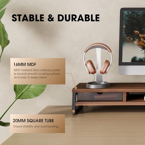 Fenge Dual Monitor Stand, Monitor Riser with Drawer, 42.5 Inch Large Computer Monitor Stand for 2 Monitors, 2 Tier Wooden Desk Shelf for Top of Desk - color: Brown