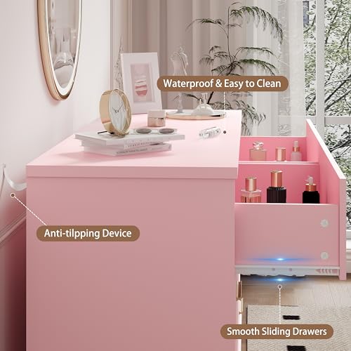 Xixini Dresser for Bedroom, 6 Drawer Wide Modern Chest of Drawers with X-Shaped Sturdy Base, Wood Double Dresser Closet Clothes Storage Organizer, Wooden TV Stand for Living Room, Hallway, Pink - color: Pink, size: 15.6"D x 47.2"W x 29.5"H (6 Drawers)